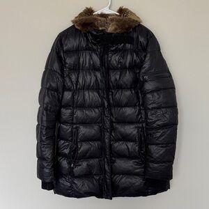 S13 Down Black Long Coat with Fur Collar - M